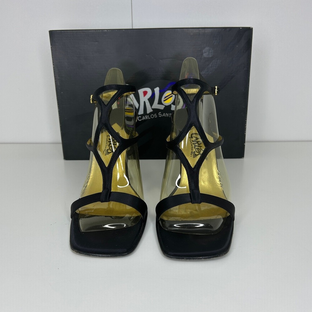 Carlos Santana Womens Strappy Heels Black Gold Open Toe Sandals Size 7.5M